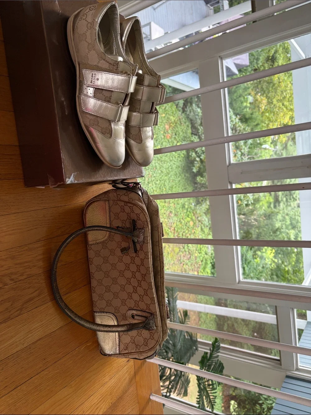 GucciGold Silver Metallic Velcro GG Canvas Sneakers
